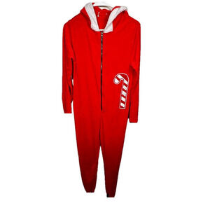 Red Holiday Jumpsuit with Hood and Candy Cane Design